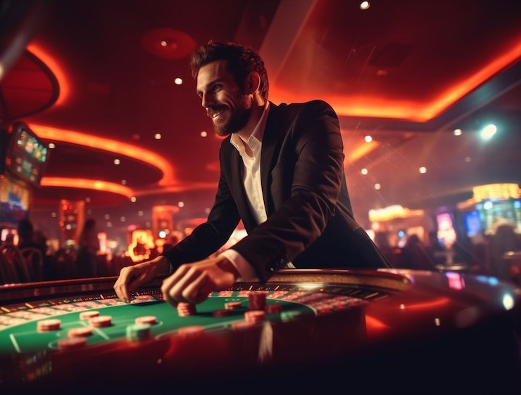 Meja blackjack koitototo dengan pengocok otomatis dan layar informasi taruhan pemain